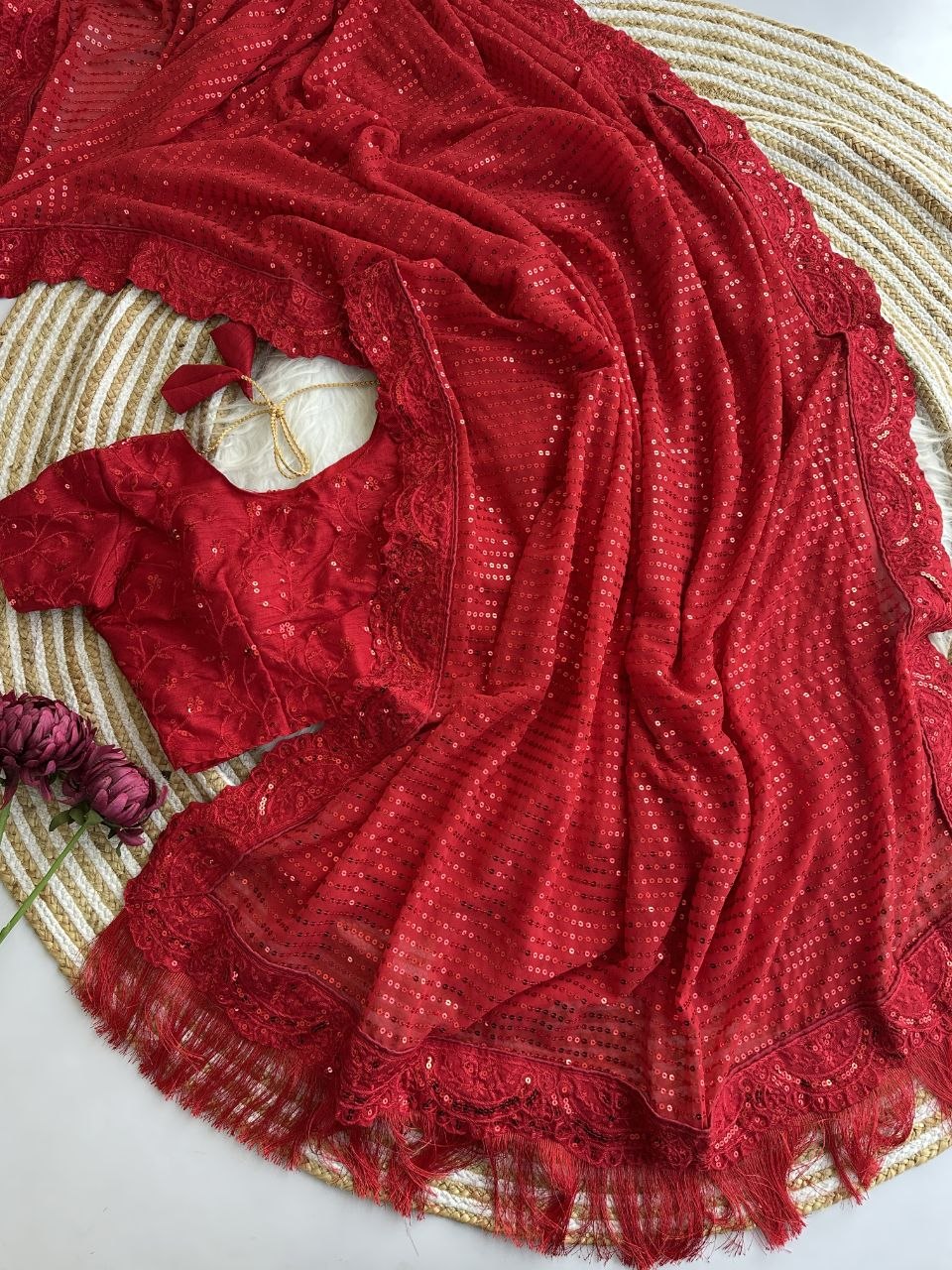 Bollywood Blockbuster Georgette Sequins Embroidered Saree with Designer Silk Blouse-RED