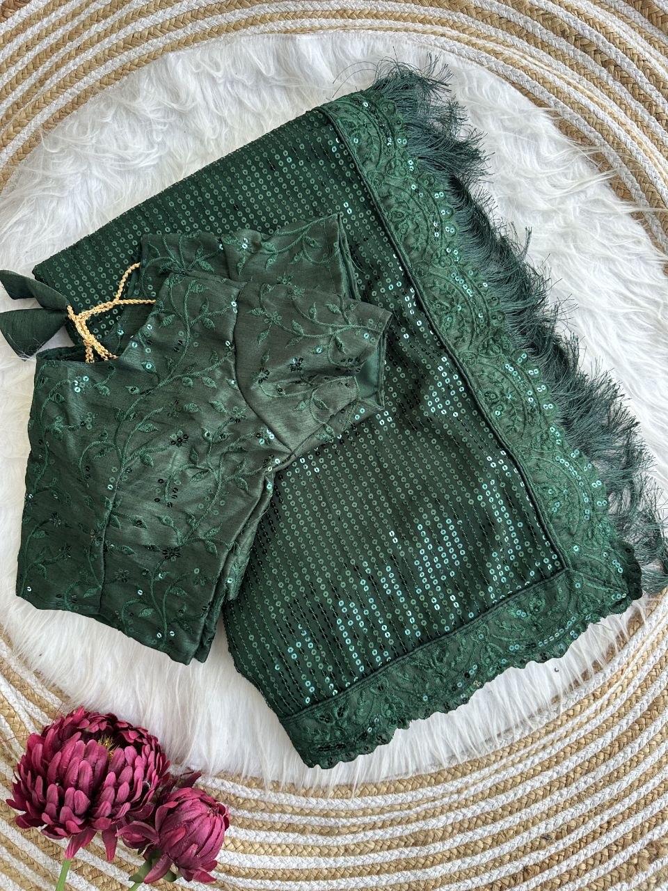 Bollywood Blockbuster Georgette Sequins Embroidered Saree with Designer Silk Blouse-BOTTLEGREEN