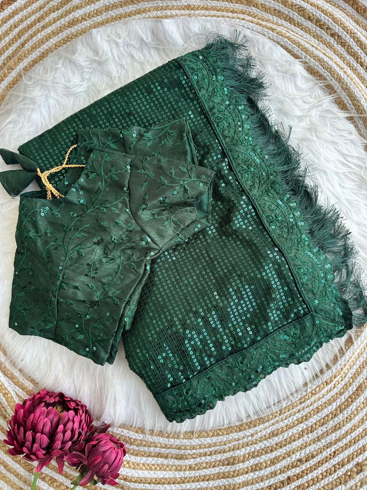 Bollywood Blockbuster Georgette Sequins Embroidered Saree with Designer Silk Blouse-BOTTLEGREEN