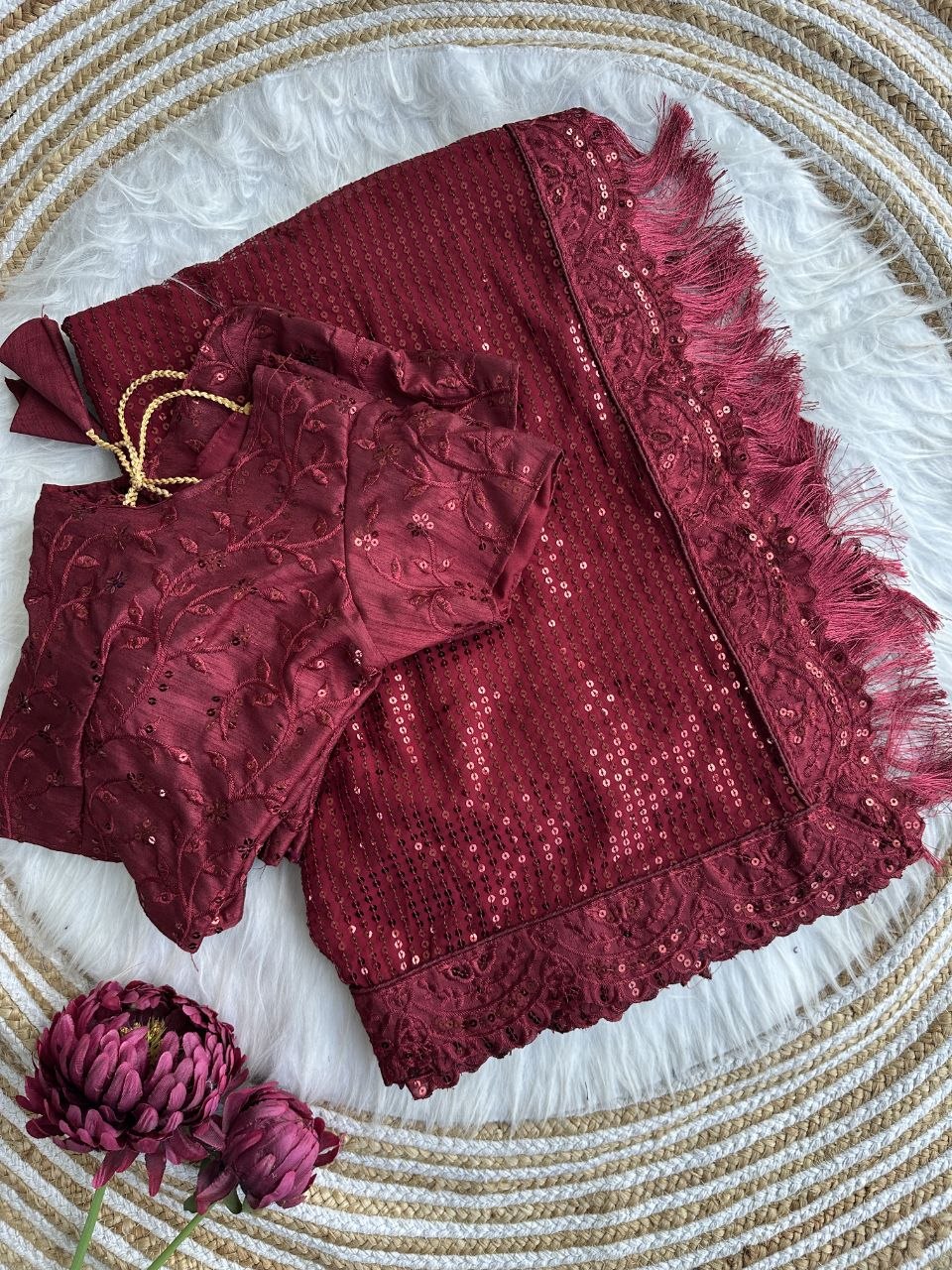 Bollywood Blockbuster Georgette Sequins Embroidered Saree with Designer Silk Blouse-MAROON