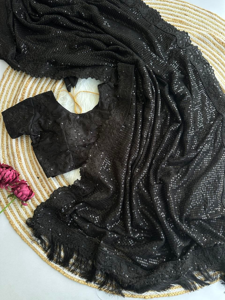 Bollywood Blockbuster Georgette Sequins Embroidered Saree with Designer Silk Blouse-BLACK
