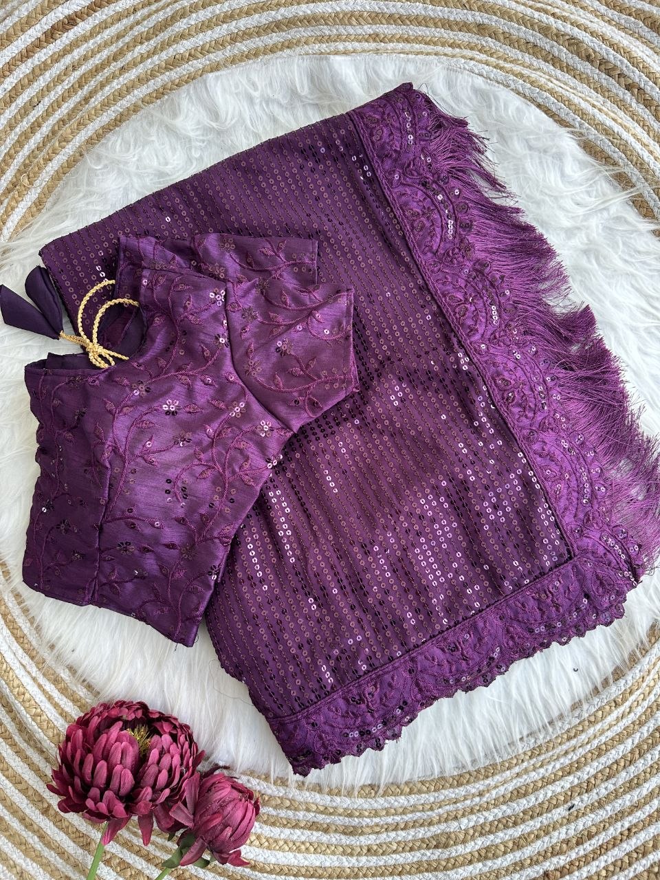 Bollywood Blockbuster Georgette Sequins Embroidered Saree with Designer Silk Blouse-WINE