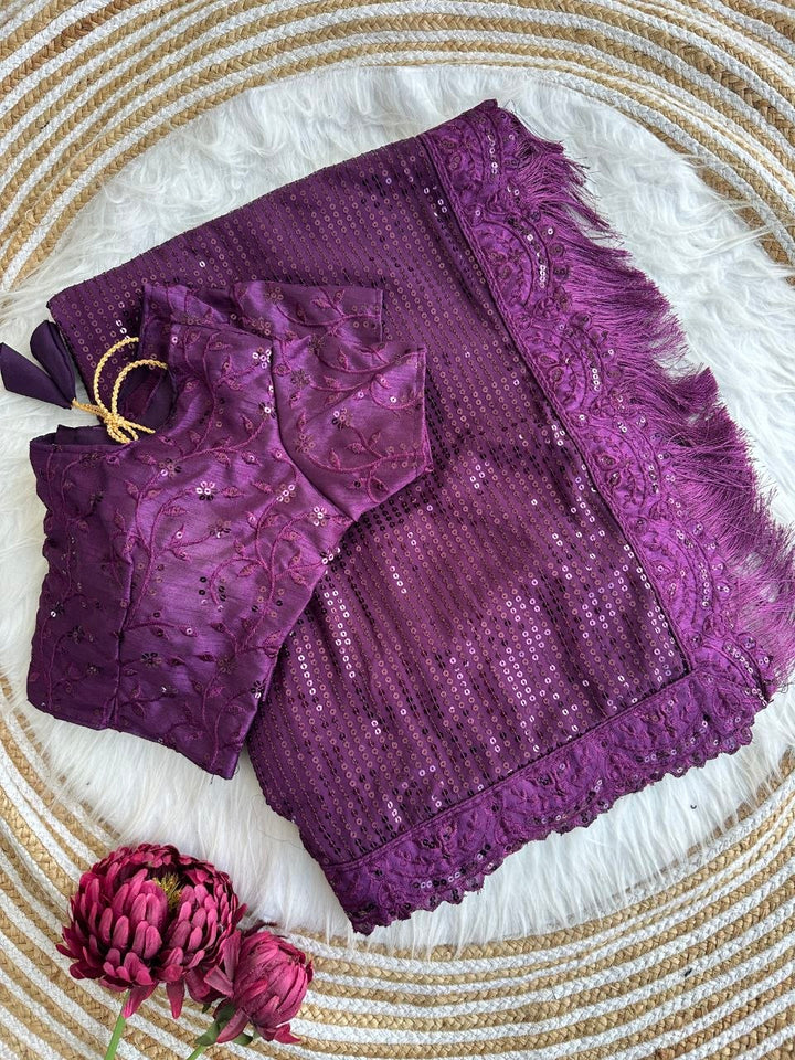 Bollywood Blockbuster Georgette Sequins Embroidered Saree with Designer Silk Blouse-WINE