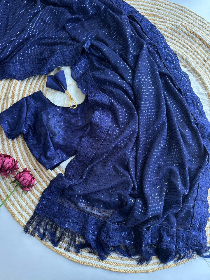 Bollywood Blockbuster Georgette Sequins Embroidered Saree with Designer Silk Blouse-NAVYBLUE