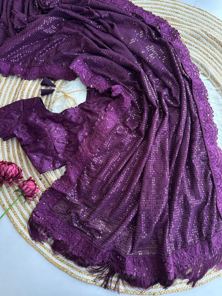 Bollywood Blockbuster Georgette Sequins Embroidered Saree with Designer Silk Blouse-WINE