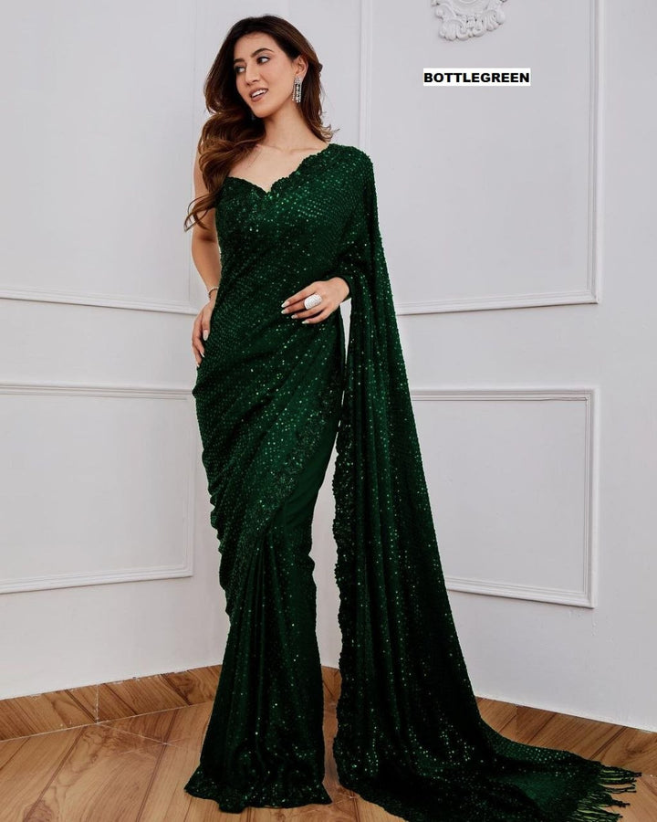 Bollywood Blockbuster Georgette Sequins Embroidered Saree with Designer Silk Blouse-BOTTLEGREEN