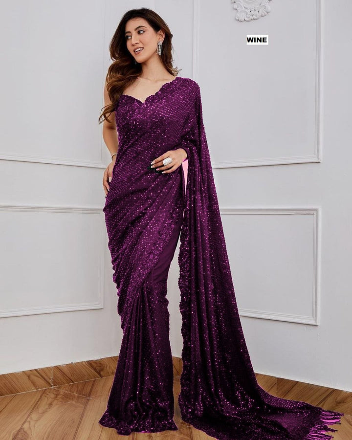 Bollywood Blockbuster Georgette Sequins Embroidered Saree with Designer Silk Blouse-WINE