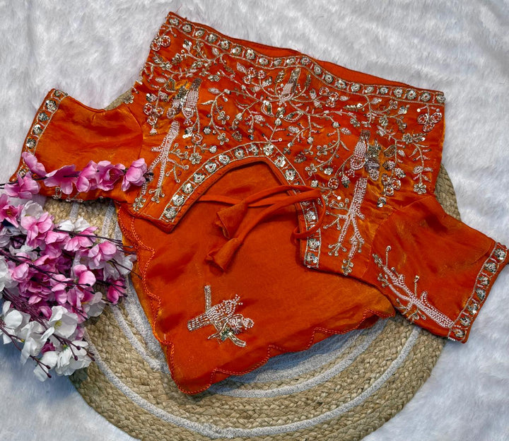 Designer Fandy Satin Saree with Tota-Maina Butta - ORANGE