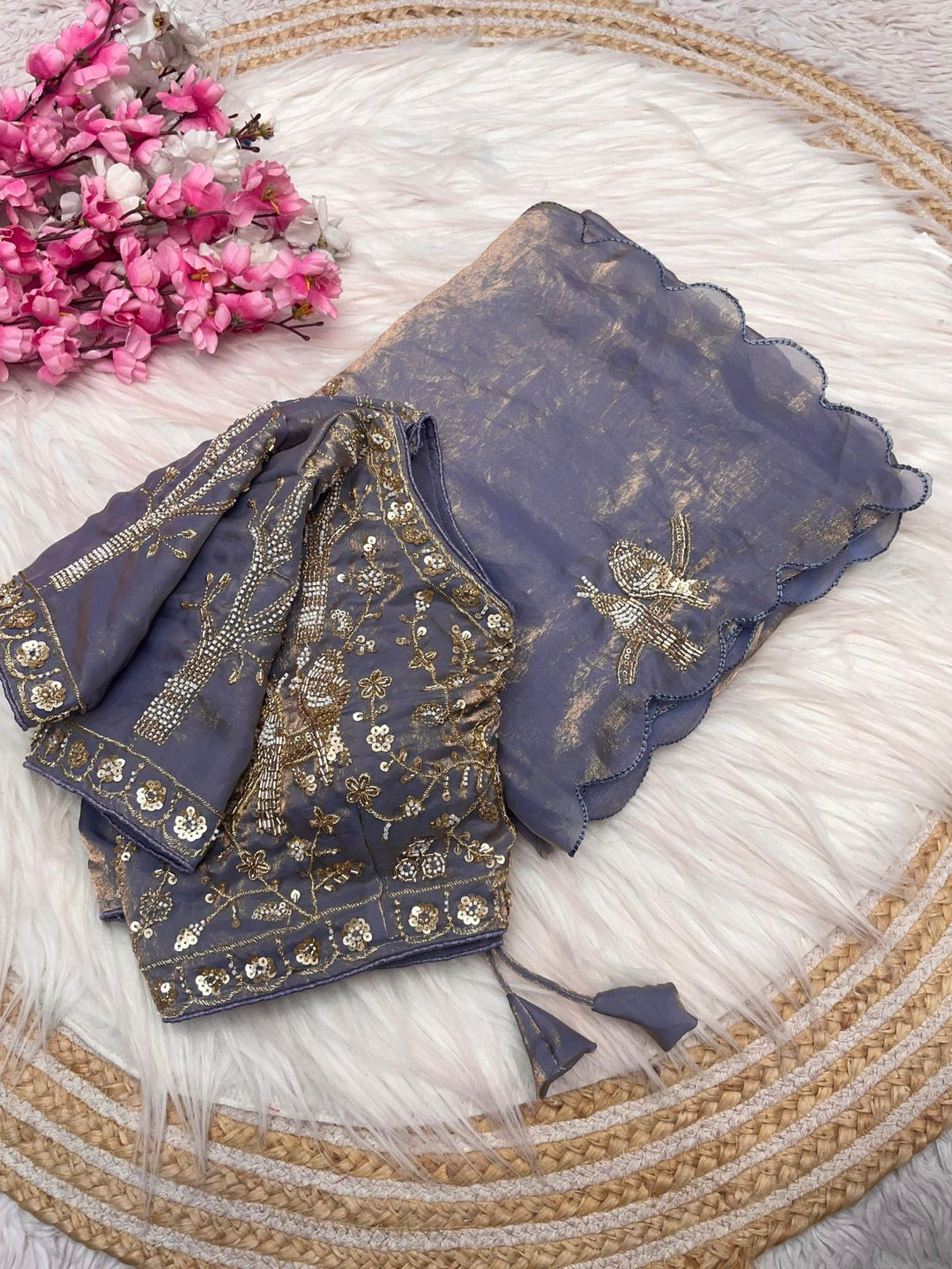Designer Fandy Satin Saree with Tota-Maina Butta - LAVENDER