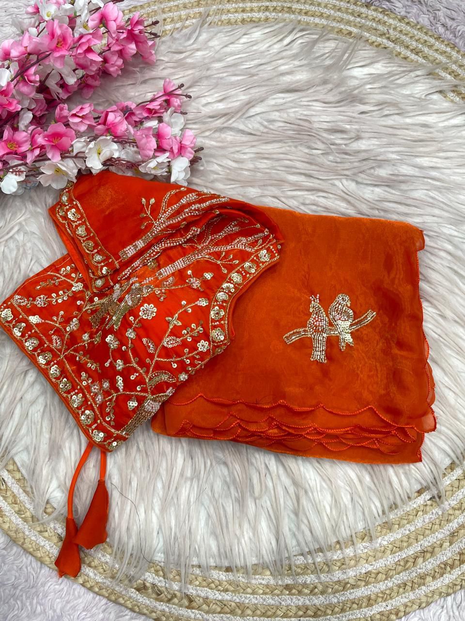 Designer Fandy Satin Saree with Tota-Maina Butta - ORANGE