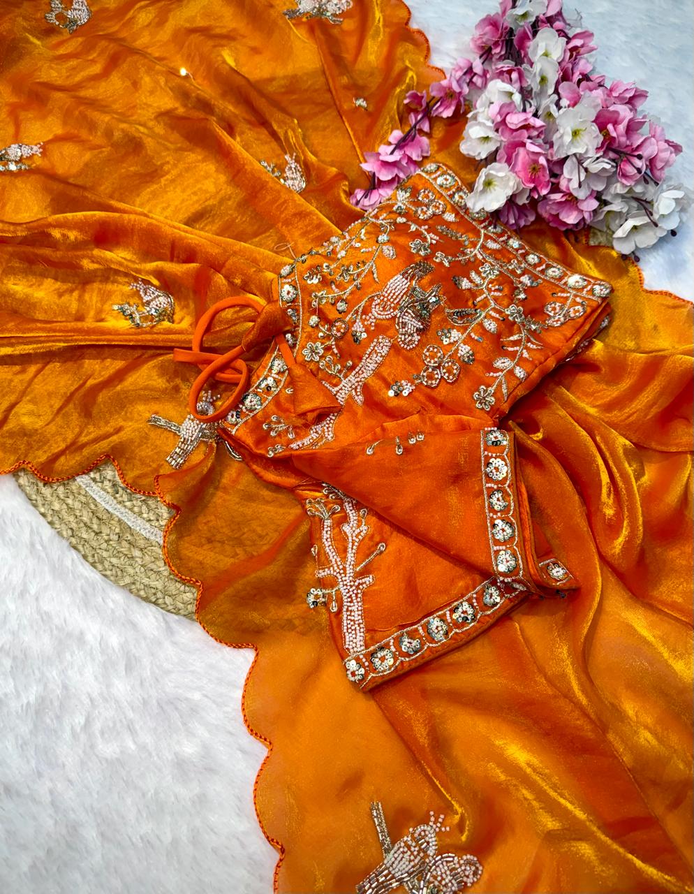 Designer Fandy Satin Saree with Tota-Maina Butta - ORANGE