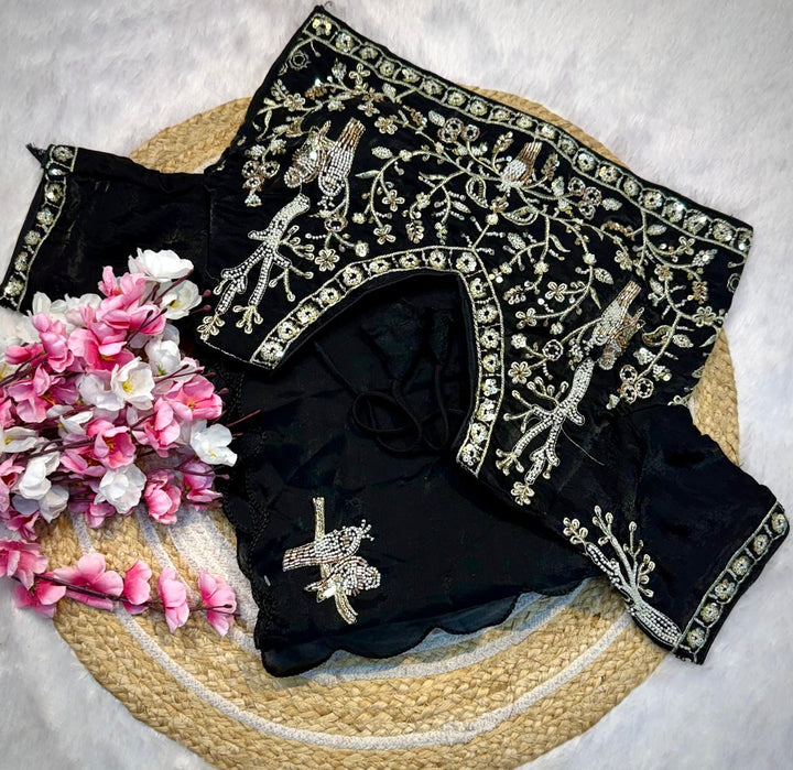 Designer Fandy Satin Saree with Tota-Maina Butta - BLACK