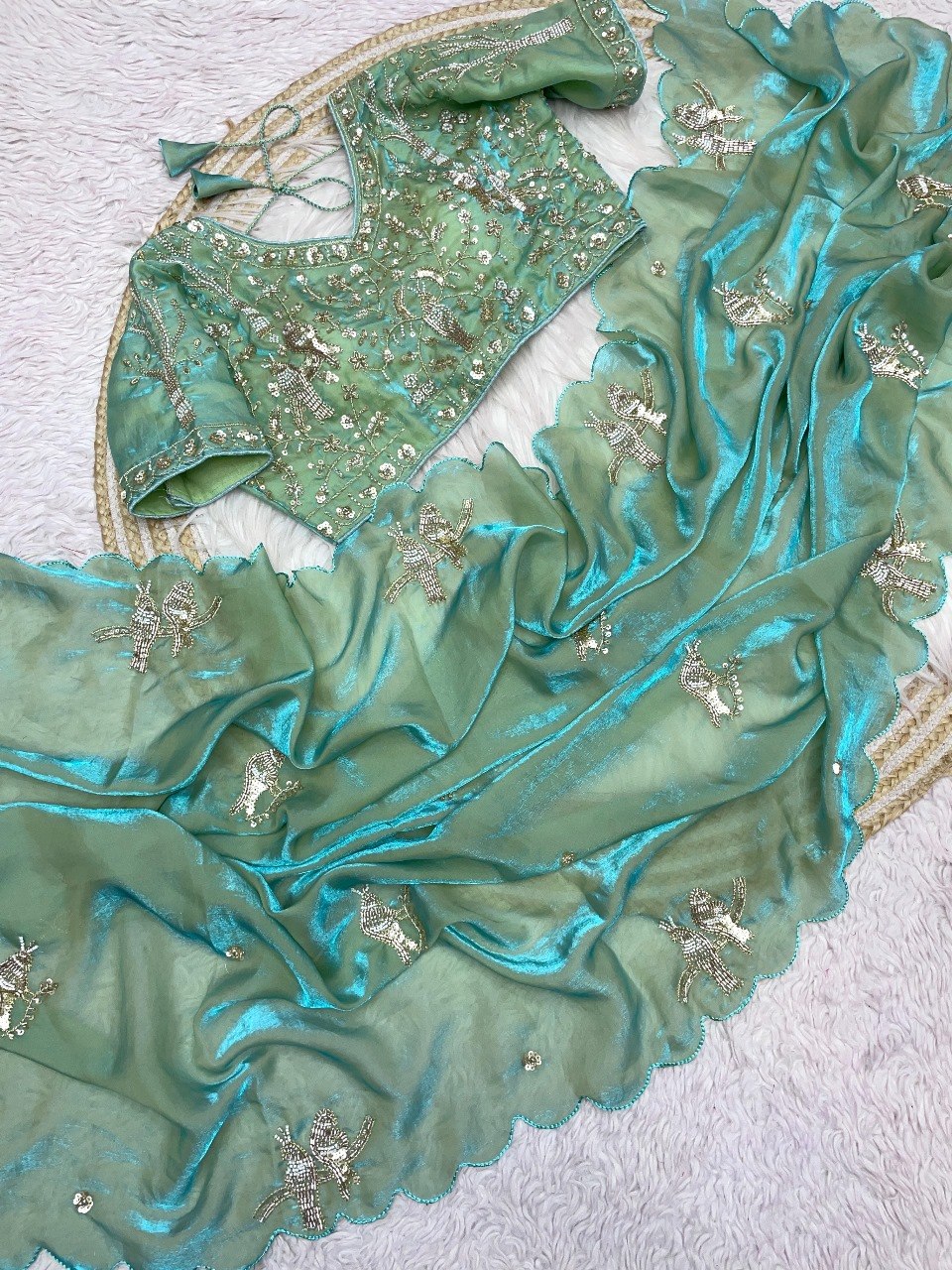 Designer Fandy Satin Saree with Tota-Maina Butta - SEA GREEN