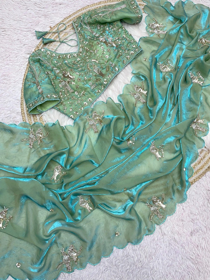 Designer Fandy Satin Saree with Tota-Maina Butta - SEA GREEN