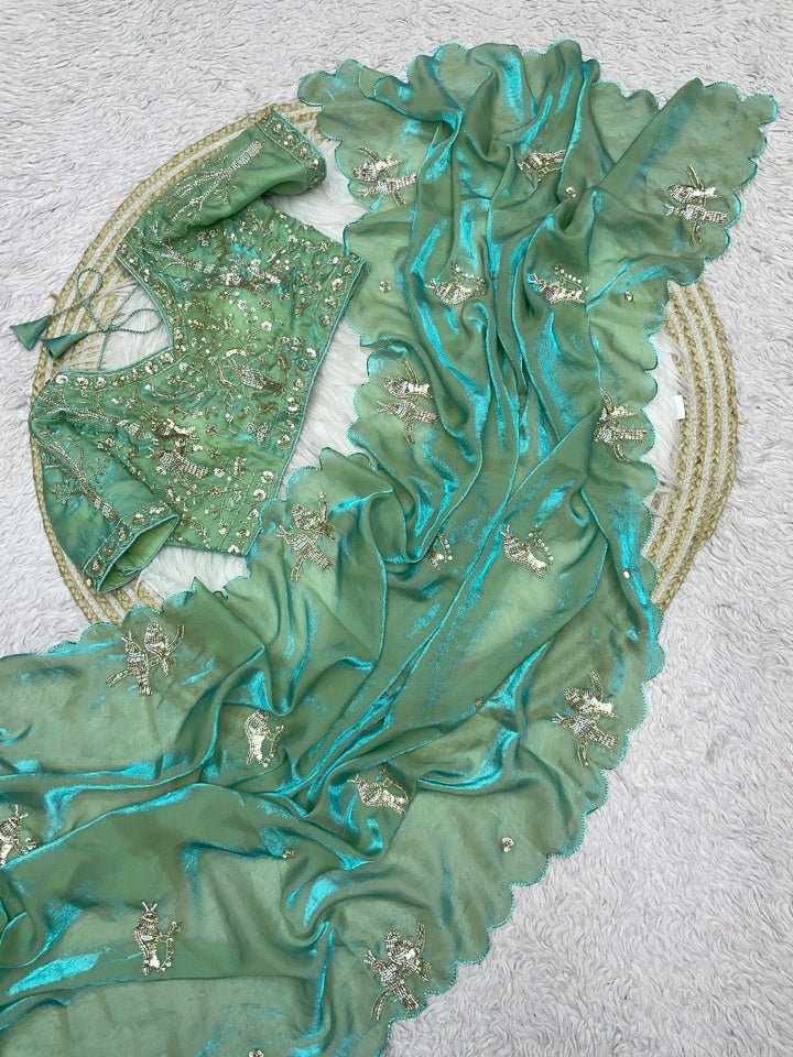 Designer Fandy Satin Saree with Tota-Maina Butta - SEA GREEN
