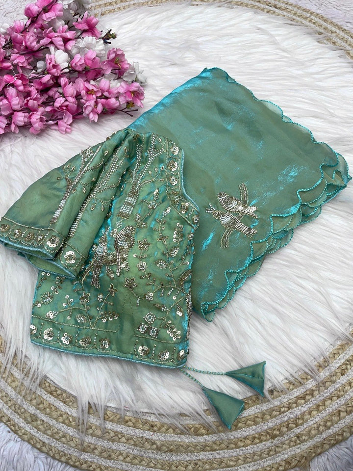Designer Fandy Satin Saree with Tota-Maina Butta - SEA GREEN