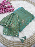 Designer Fandy Satin Saree with Tota-Maina Butta - SEA GREEN