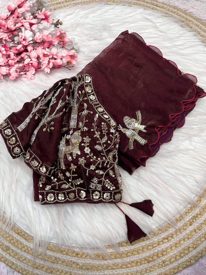 Designer Fandy Satin Saree with Tota-Maina Butta - WINE