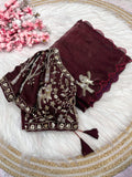 Designer Fandy Satin Saree with Tota-Maina Butta - WINE