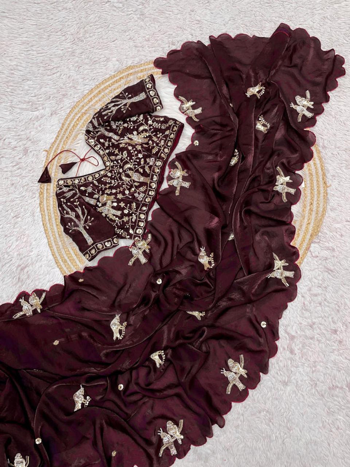 Designer Fandy Satin Saree with Tota-Maina Butta - WINE