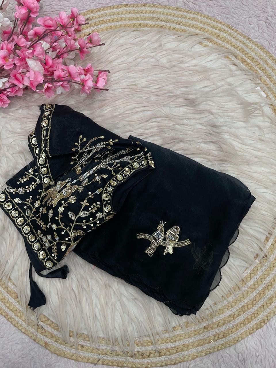 Designer Fandy Satin Saree with Tota-Maina Butta - BLACK