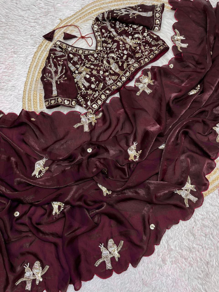 Designer Fandy Satin Saree with Tota-Maina Butta - WINE