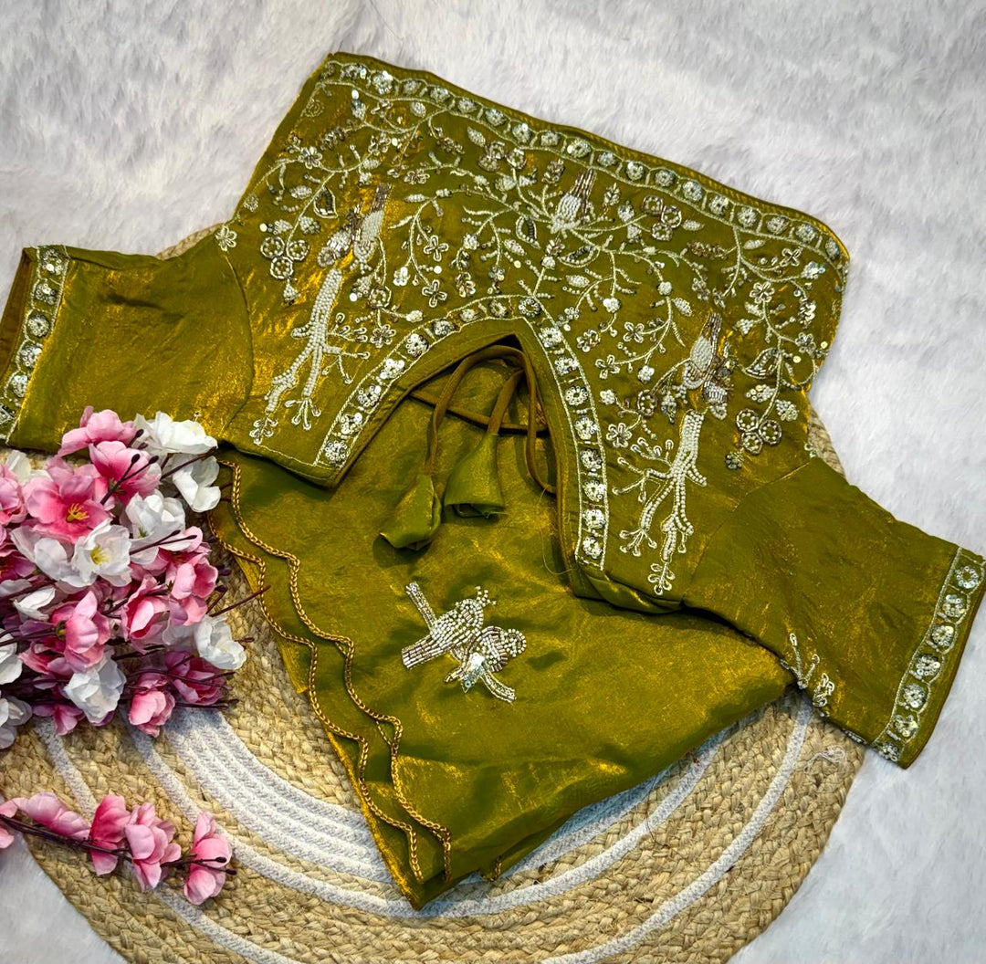 Designer Fandy Satin Saree with Tota-Maina Butta - MAHENDI