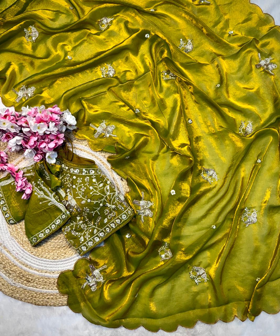 Designer Fandy Satin Saree with Tota-Maina Butta - MAHENDI