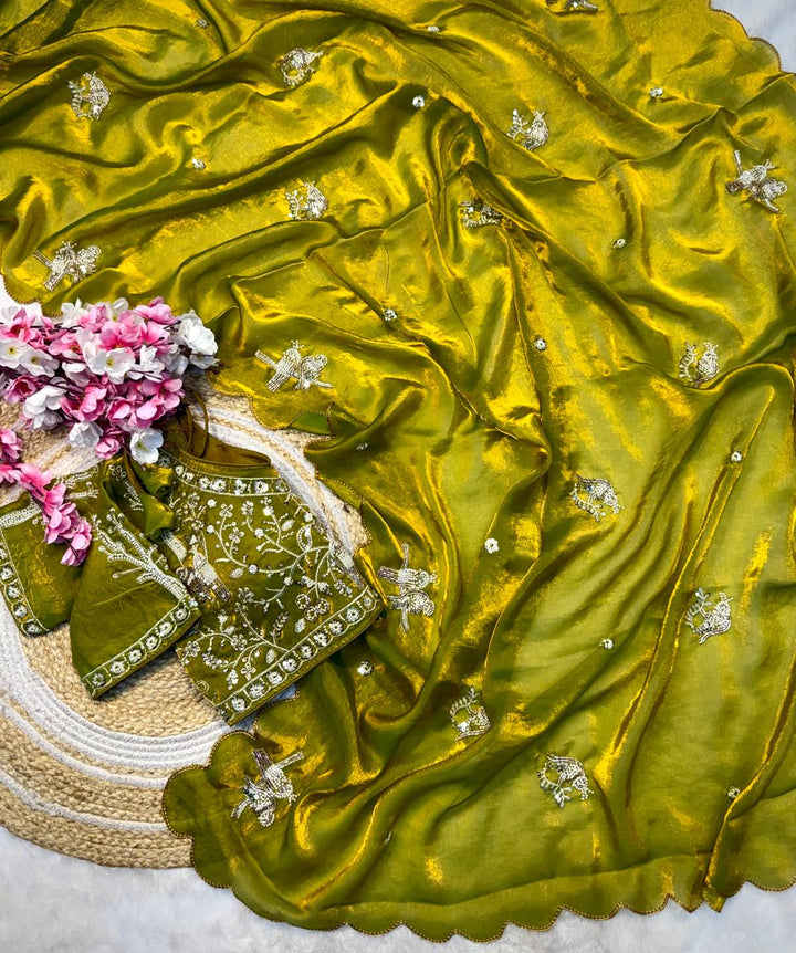 Designer Fandy Satin Saree with Tota-Maina Butta - MAHENDI