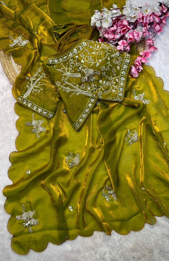 Designer Fandy Satin Saree with Tota-Maina Butta - MAHENDI