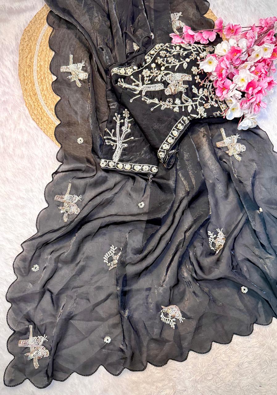 Designer Fandy Satin Saree with Tota-Maina Butta - BLACK