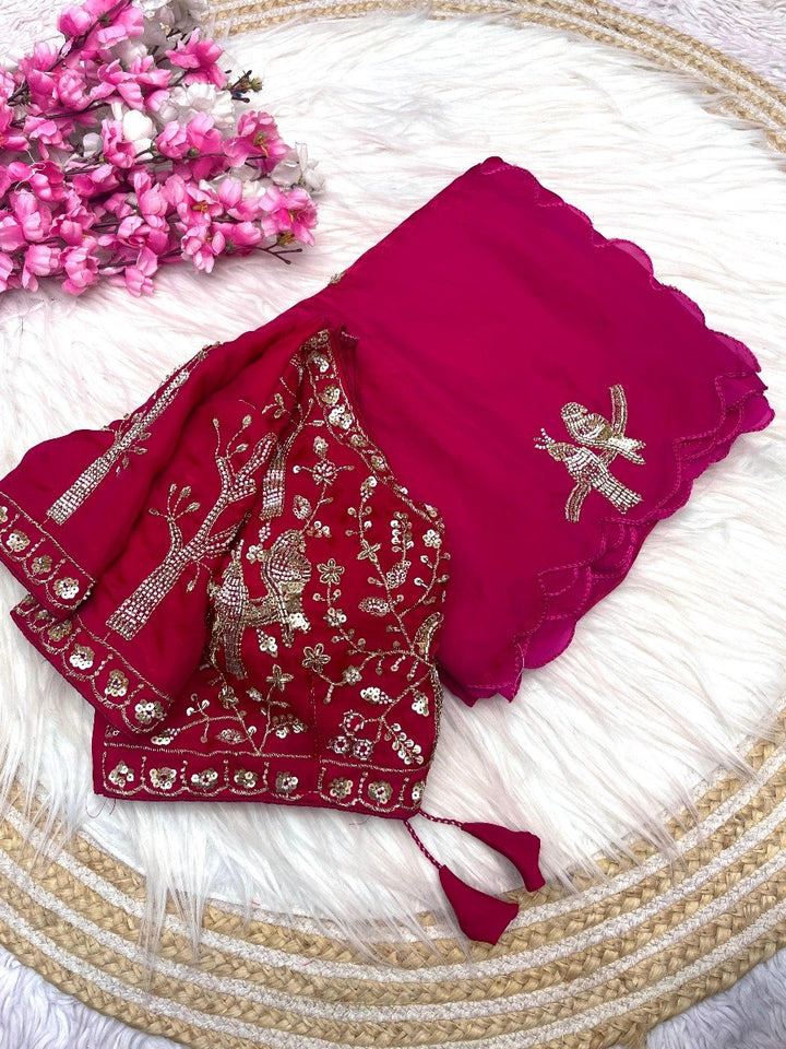 Designer Fandy Satin Saree with Tota-Maina Butta - RANI PINK
