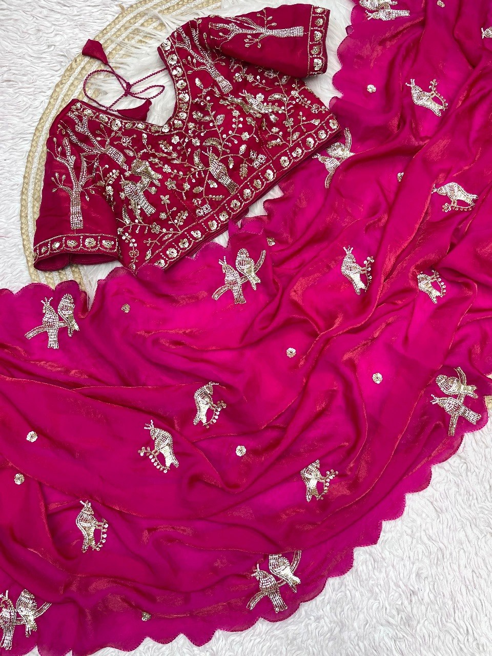 Designer Fandy Satin Saree with Tota-Maina Butta - RANI PINK