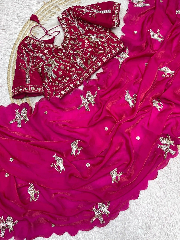 Designer Fandy Satin Saree with Tota-Maina Butta - RANI PINK