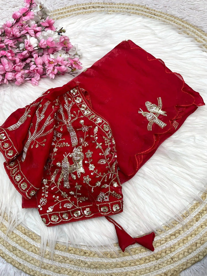 Designer Fandy Satin Saree with Tota-Maina Butta - RED