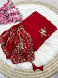 Designer Fandy Satin Saree with Tota-Maina Butta - RED