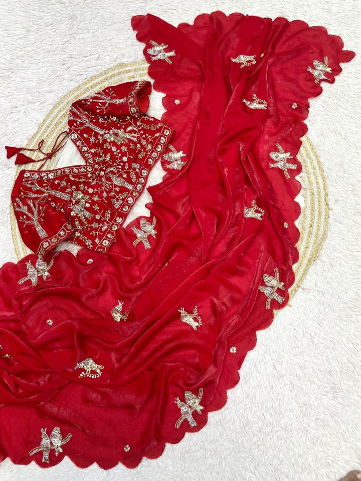 Designer Fandy Satin Saree with Tota-Maina Butta - RED
