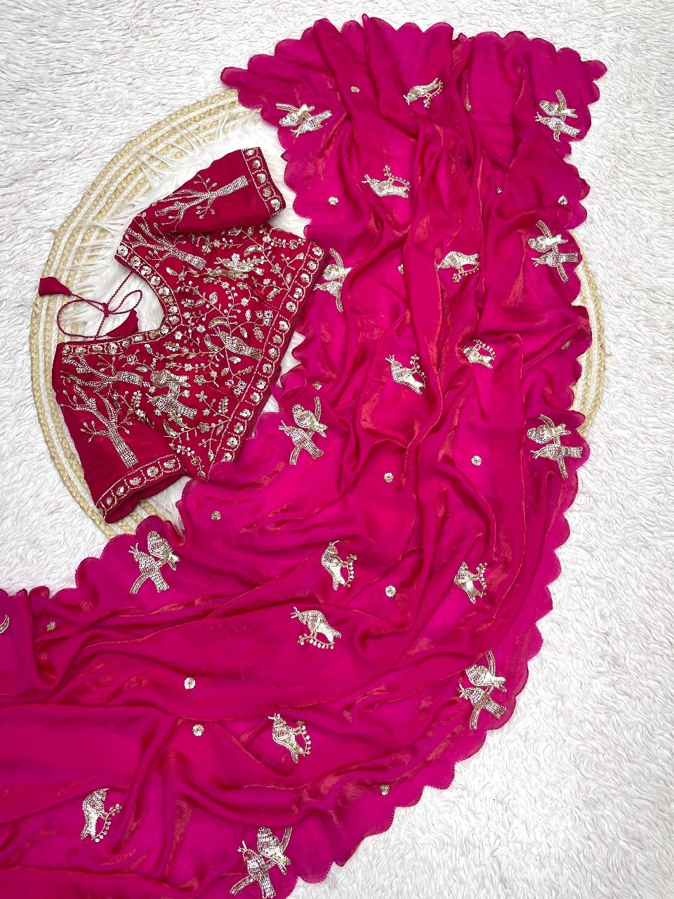 Designer Fandy Satin Saree with Tota-Maina Butta - RANI PINK