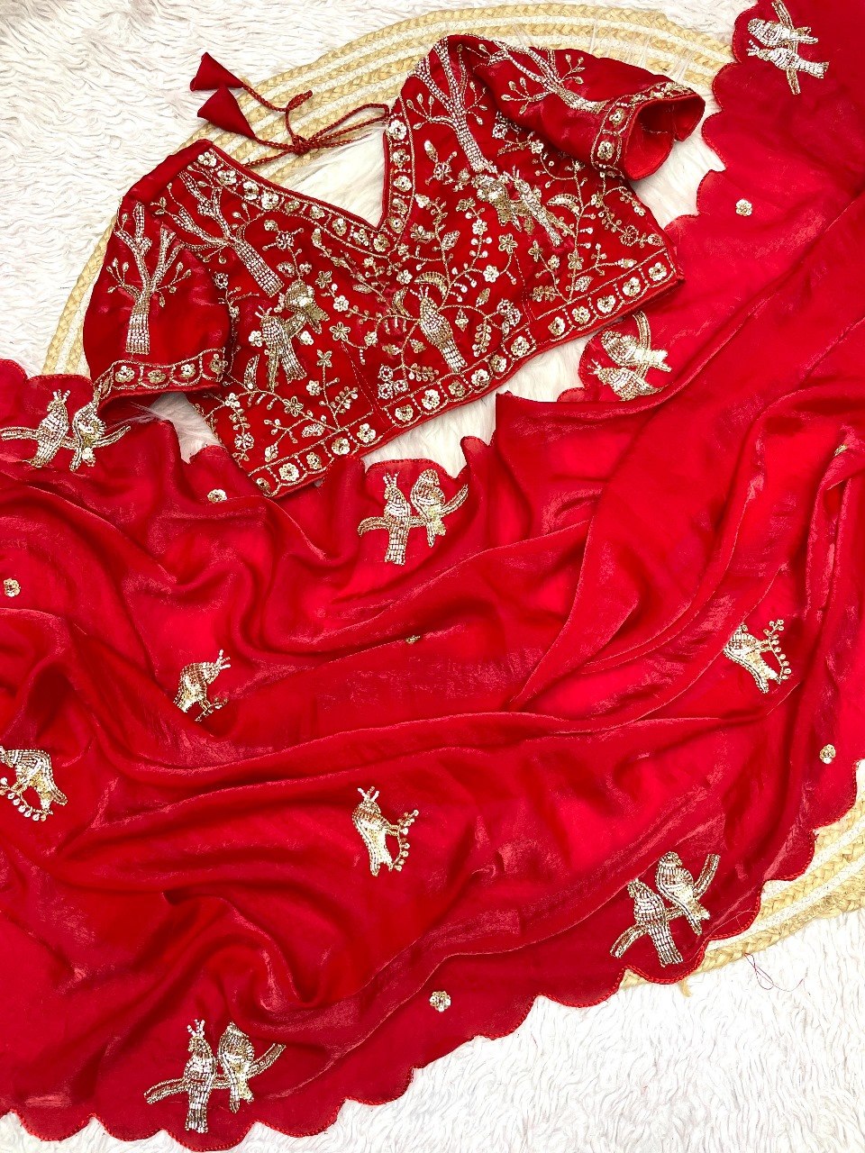 Designer Fandy Satin Saree with Tota-Maina Butta - RED