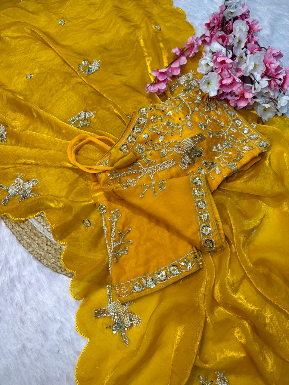 Designer Fandy Satin Saree with Tota-Maina Butta - YELLOW