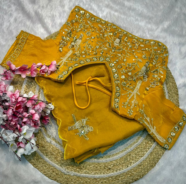 Designer Fandy Satin Saree with Tota-Maina Butta - YELLOW
