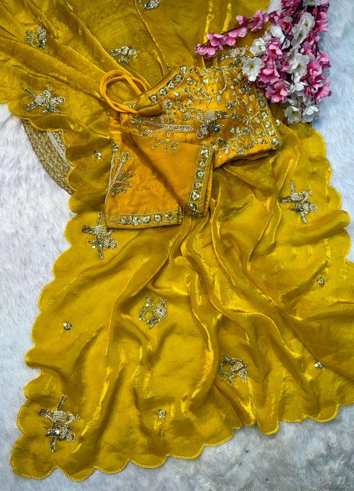 Designer Fandy Satin Saree with Tota-Maina Butta - YELLOW