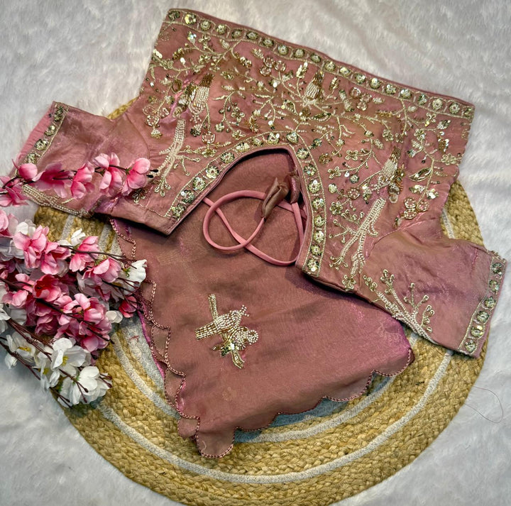 Designer Fandy Satin Saree with Tota-Maina Butta - PINK