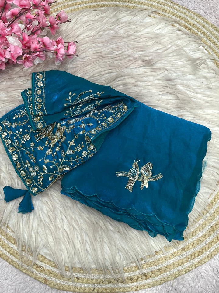 Designer Fandy Satin Saree with Tota-Maina Butta - RAMA