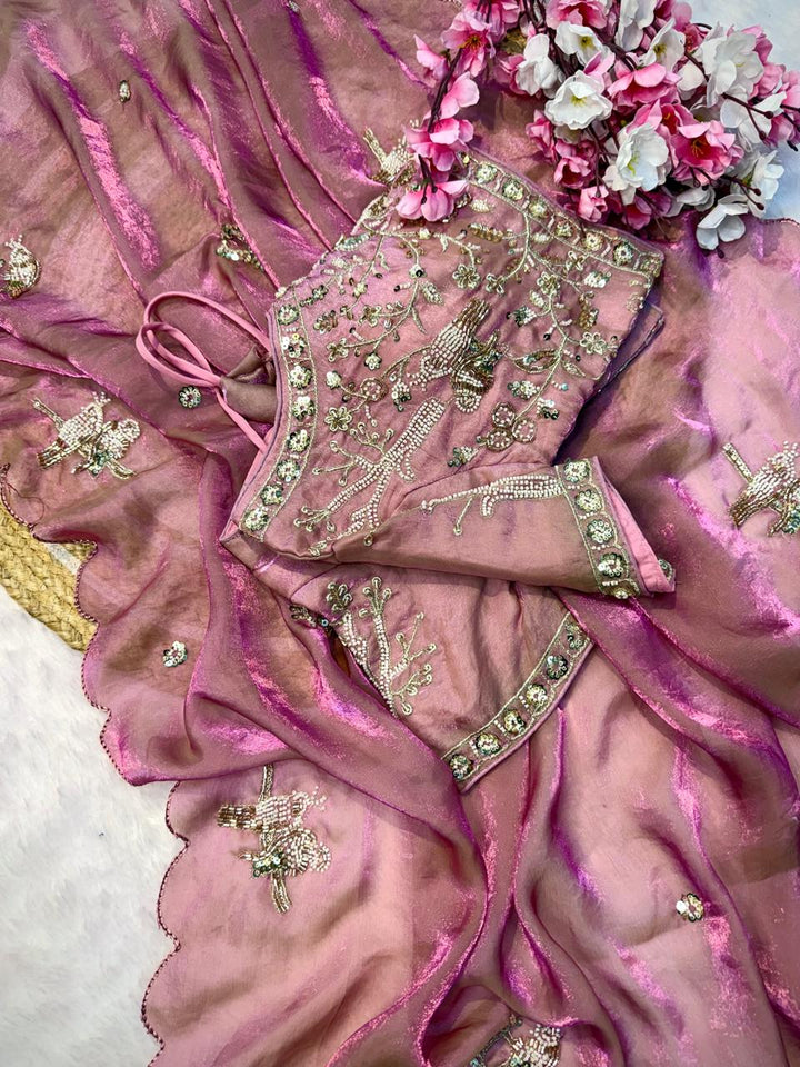 Designer Fandy Satin Saree with Tota-Maina Butta - PINK