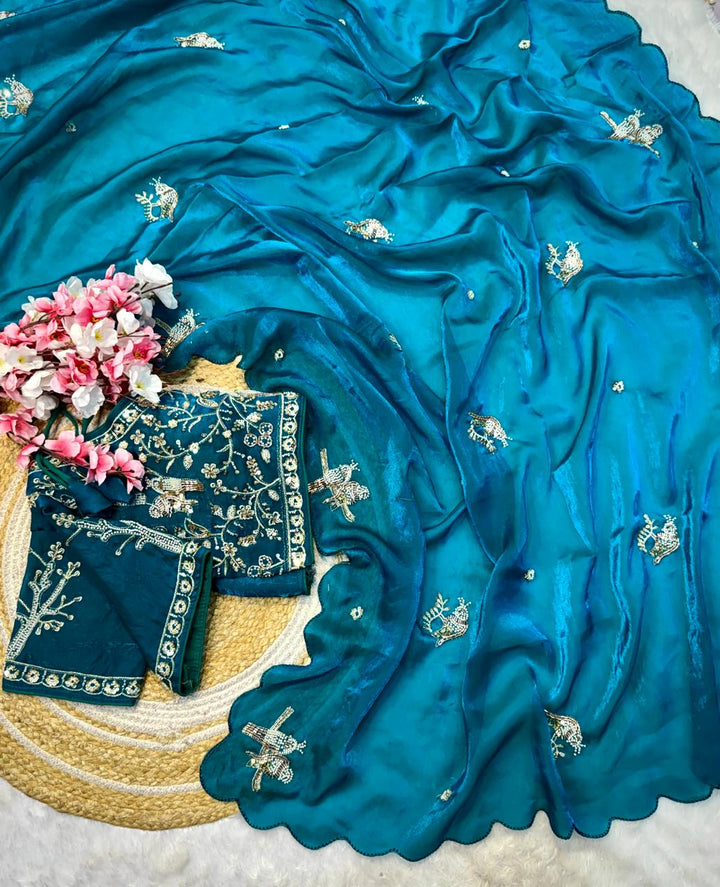 Designer Fandy Satin Saree with Tota-Maina Butta - RAMA