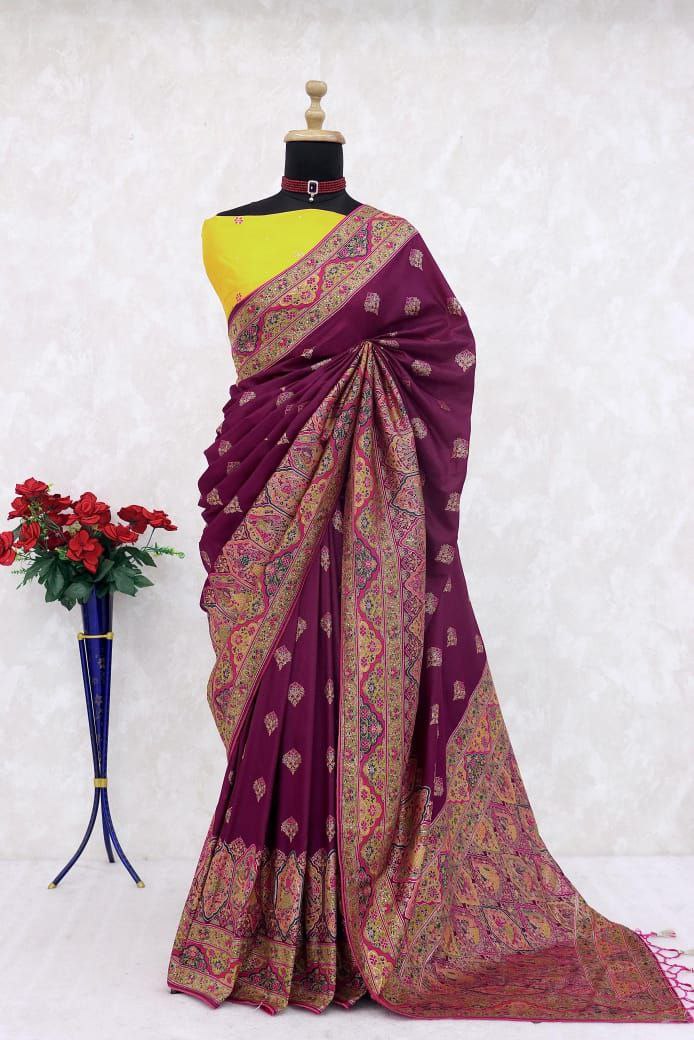 Royal Paithani Elegance Soft Silk Saree with Pashmina Weaving &amp; Contrast Border - WINE