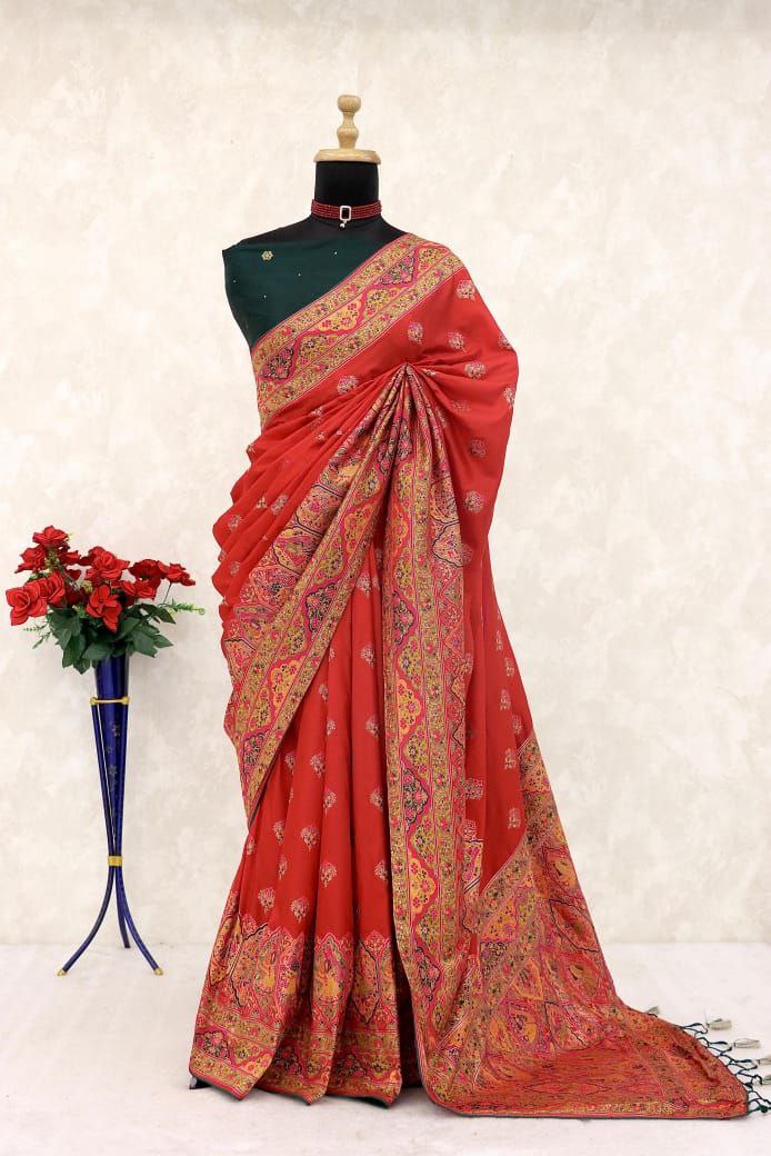 Royal Paithani Elegance Soft Silk Saree with Pashmina Weaving &amp; Contrast Border - RED