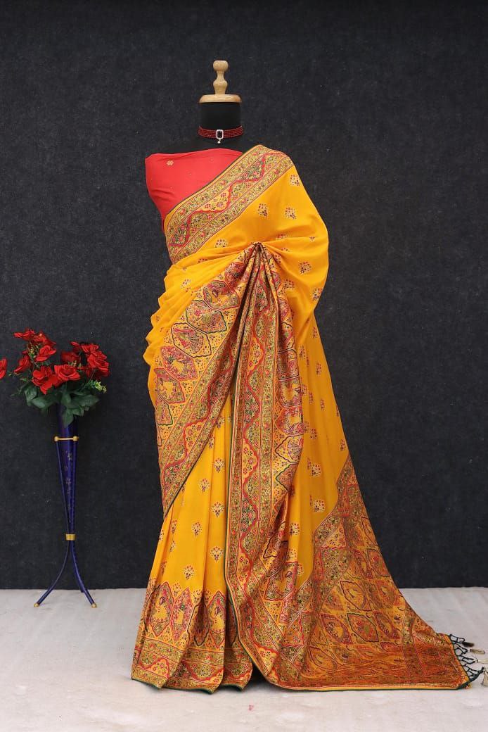 Royal Paithani Elegance Soft Silk Saree with Pashmina Weaving &amp; Contrast Border - YELLOW