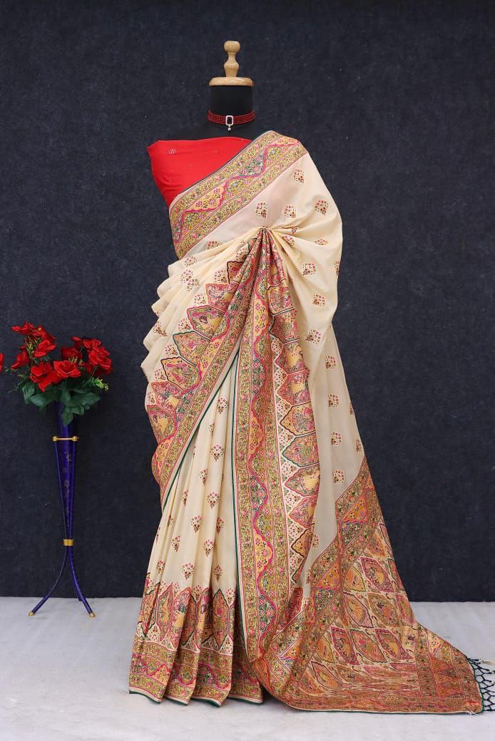 Royal Paithani Elegance Soft Silk Saree with Pashmina Weaving &amp; Contrast Border - OFF WHITE
